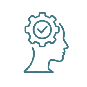 Head icon with gear and checkmark representing automation, admin, decision-making, and workflow strategy for SMEs by Yoponn LTD
