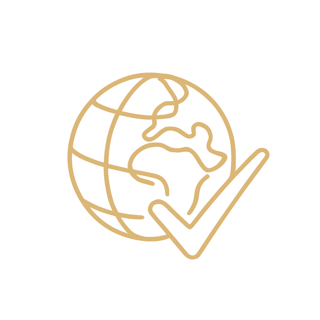 Gold globe with checkmark icon representing global SME support, scalable virtual operations, and trusted business solutions by Yoponn LTD