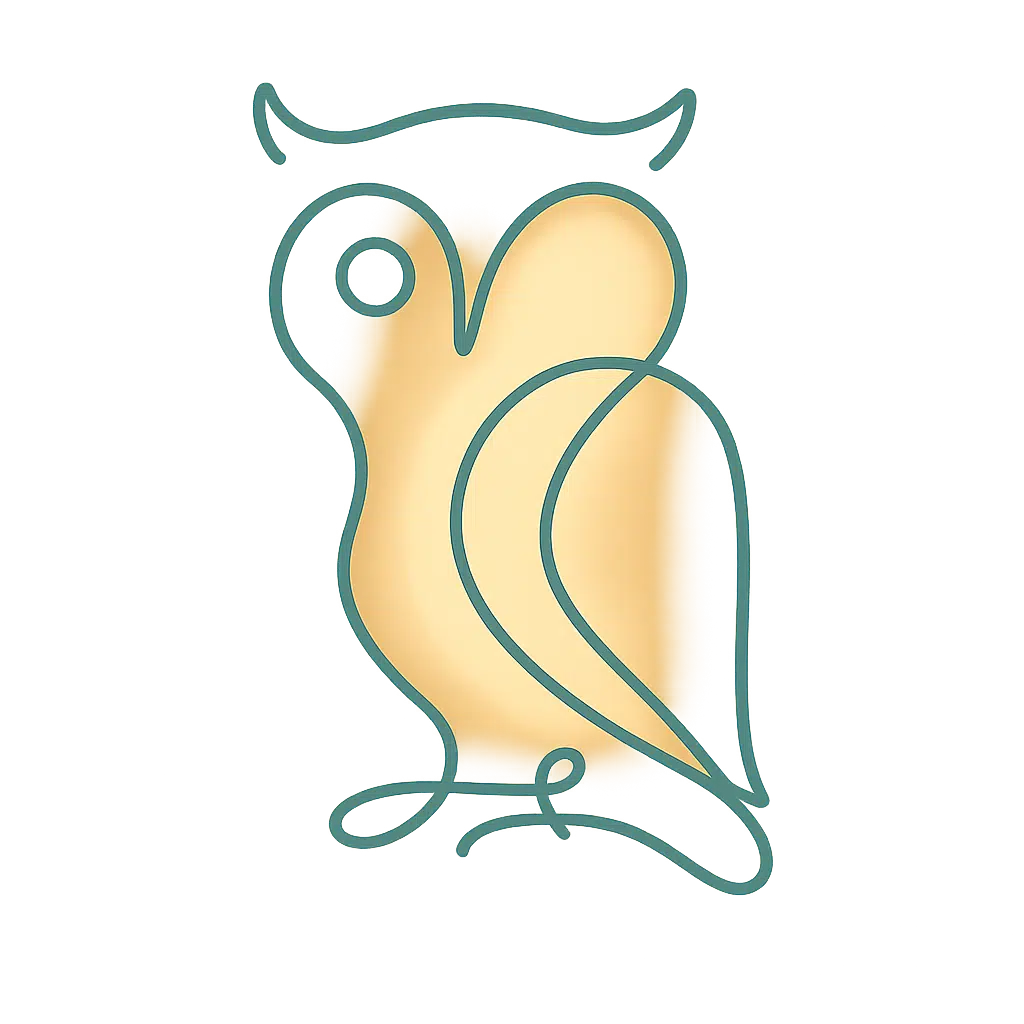 Minimalist owl icon with orange gradient and teal lines, symbolising business wisdom and automation support for SMEs by Yoponn LTD