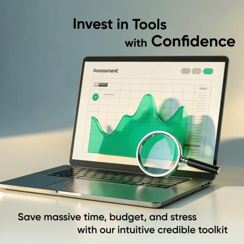 Laptop screen showing a green data graph and magnifying glass, representing Yoponn’s tool evaluation template for confident business investment decisions.