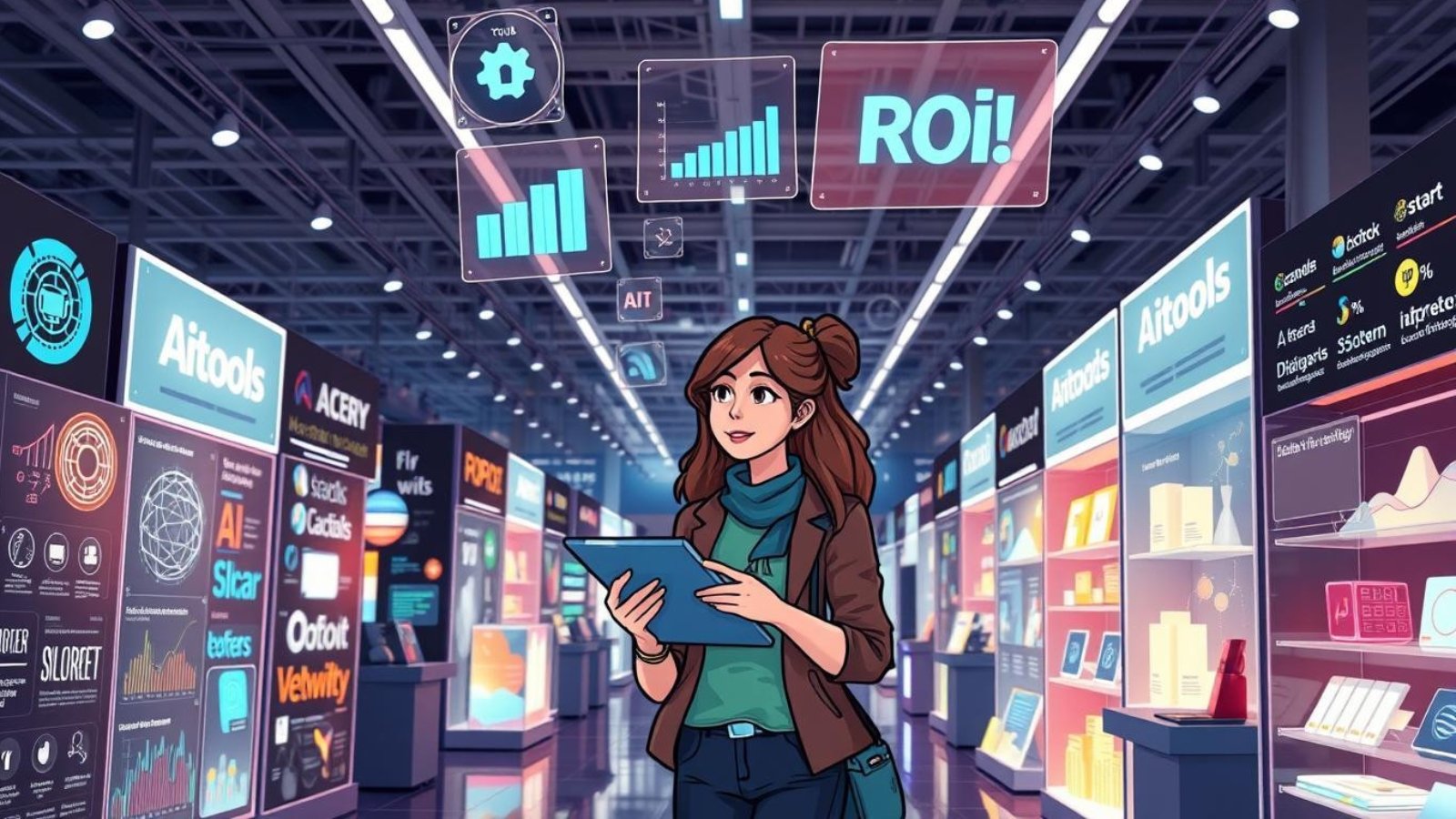 Small business owner exploring AI tools in a futuristic marketplace, comparing ROI and tech features for strategic decision-making