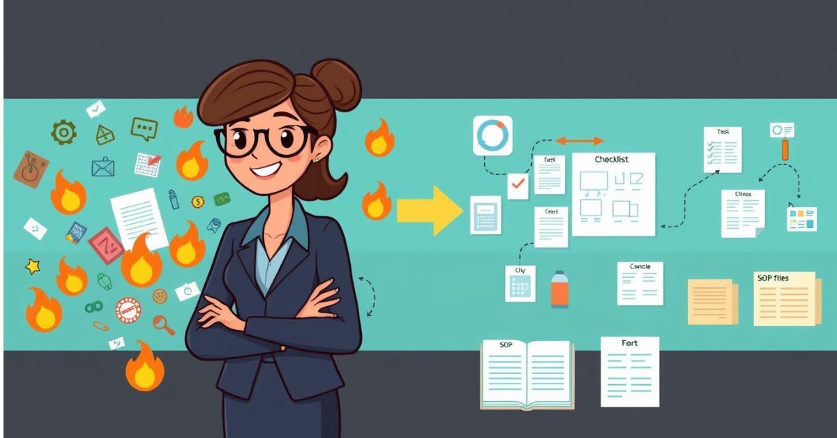 Illustration of a smiling woman representing Yoponn, standing in front of disorganized, fire-marked icons that transition into SOP files, checklists, and a calm system—symbolizing how Yoponn organizes small business workflows.